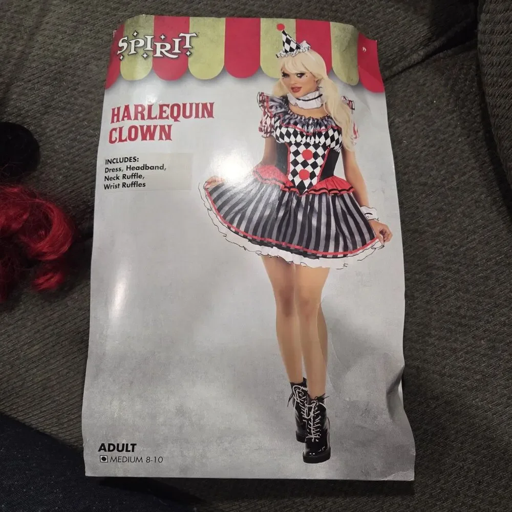 Harlequinn Clown Costume Adult M 8-10 Black Red White W/Extra Hair Ext *NO HAT - Picture 12 of 12